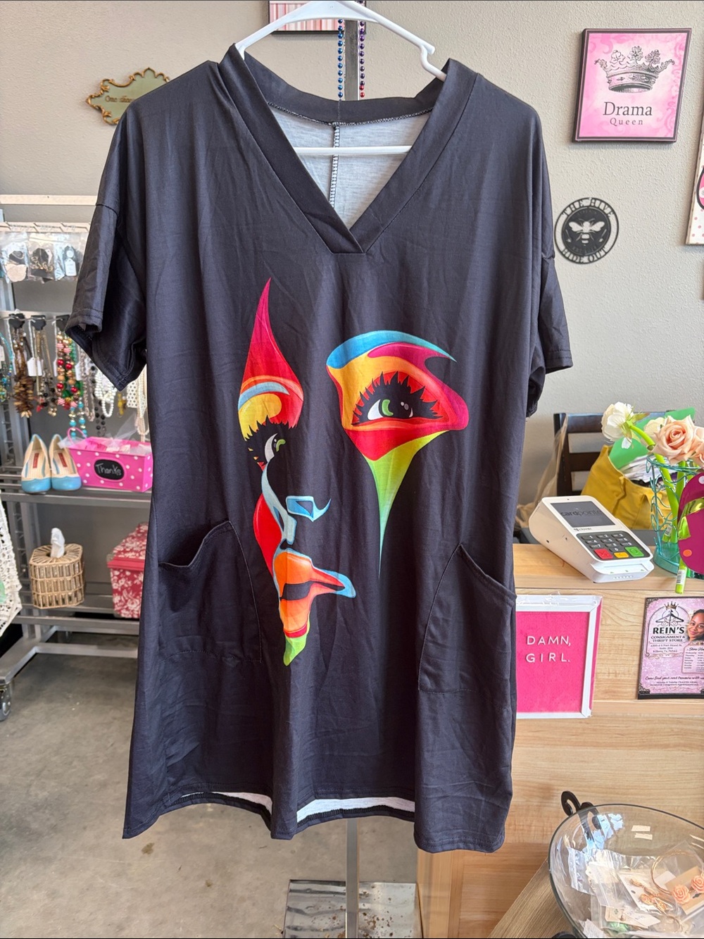 Black Short-Sleeve V-Neck Tunic Dress with Colorful Face Print